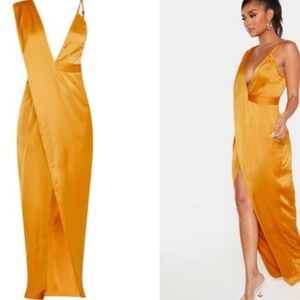 PrettyLittleThing Mustard Asymmetric Drape Maxi Dress NEW